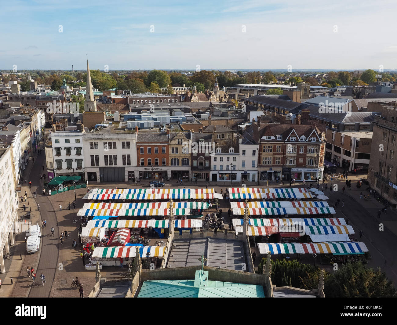 CAMBRIDGE, UK - CIRCA OCTOBER 2018: Aerial view of the Market Square ...