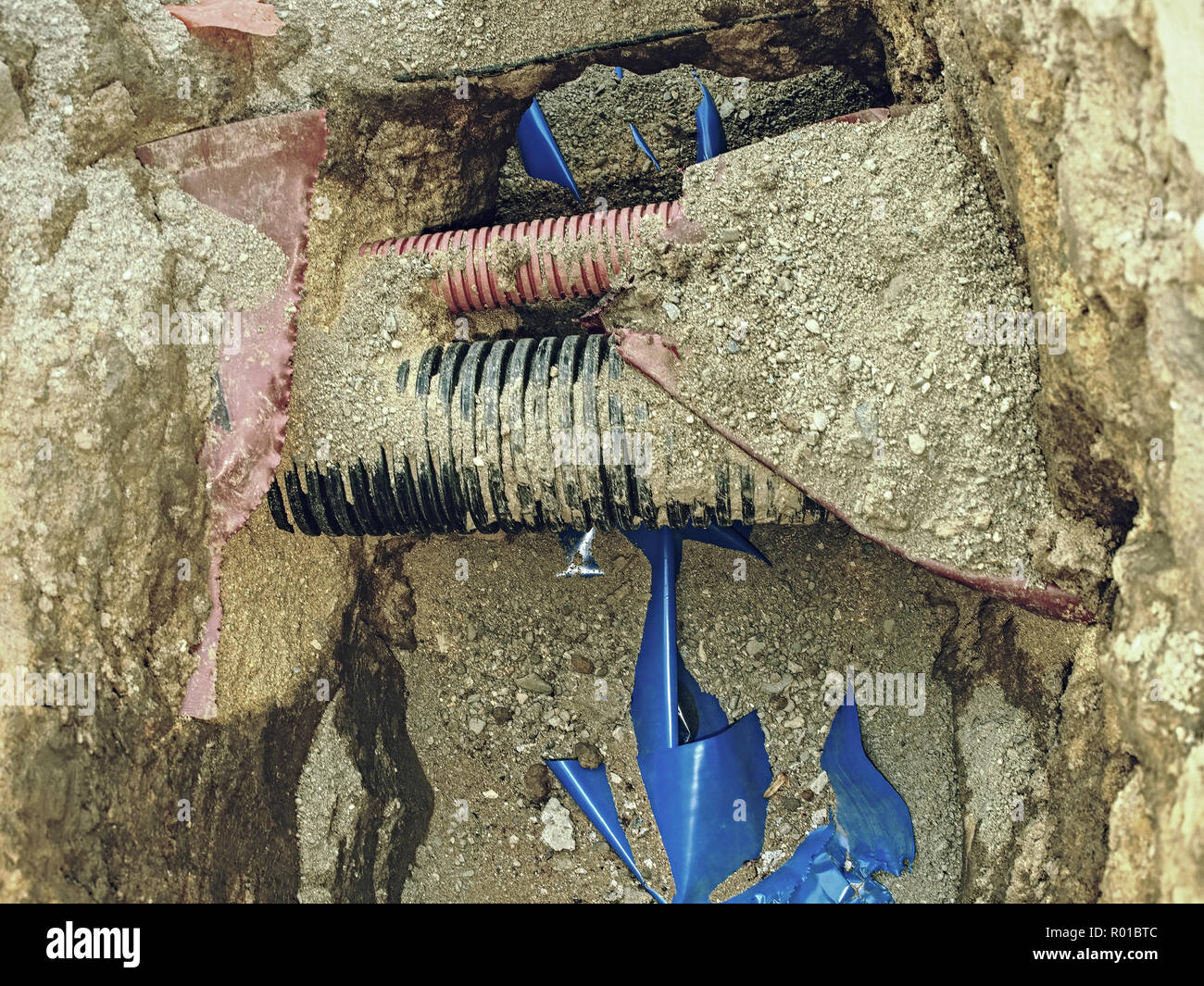 Building of crossection of water pipeline and electric lines or ...
