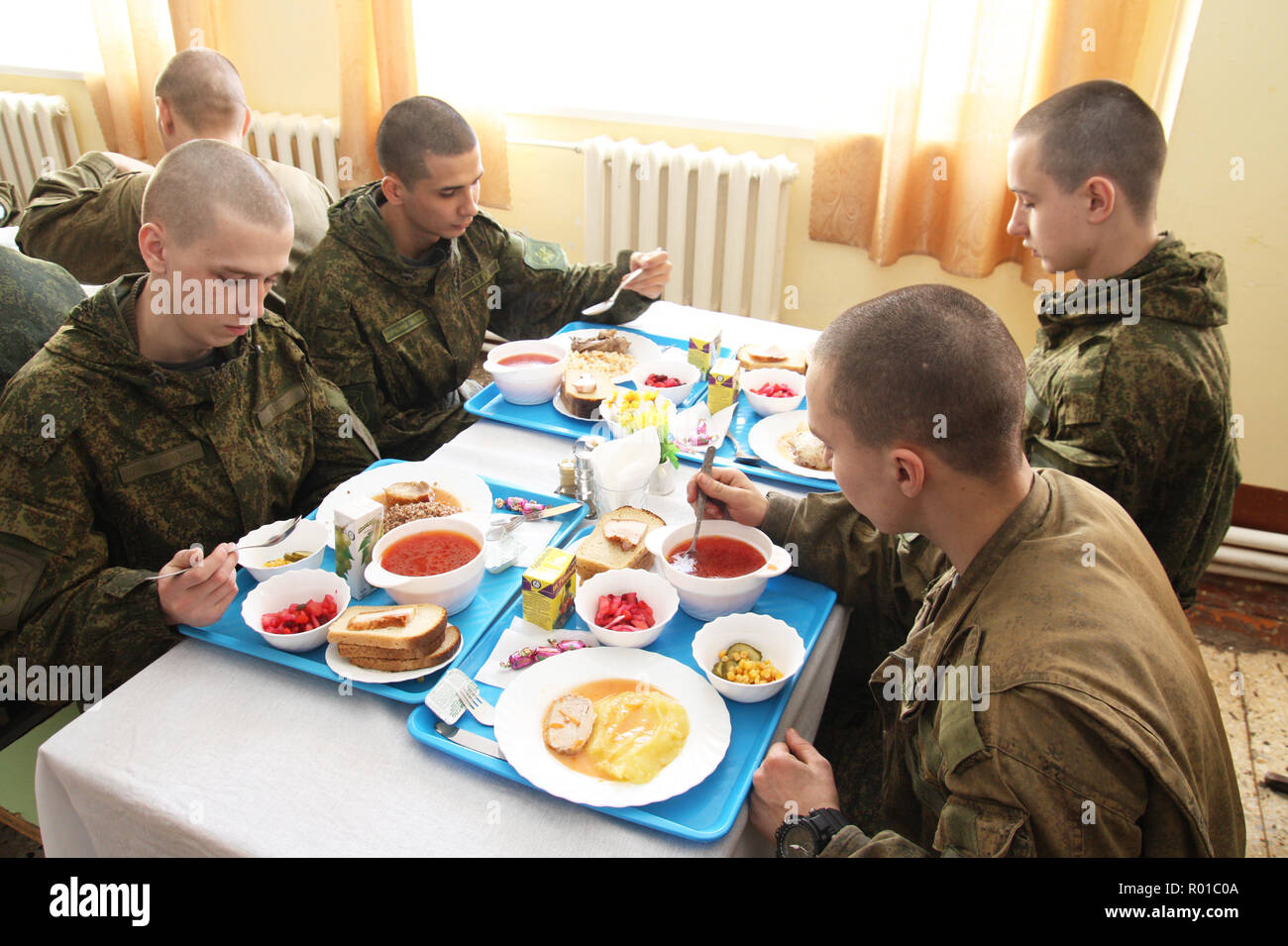 Dining room in the army, food soldiers. Russian dining room in the