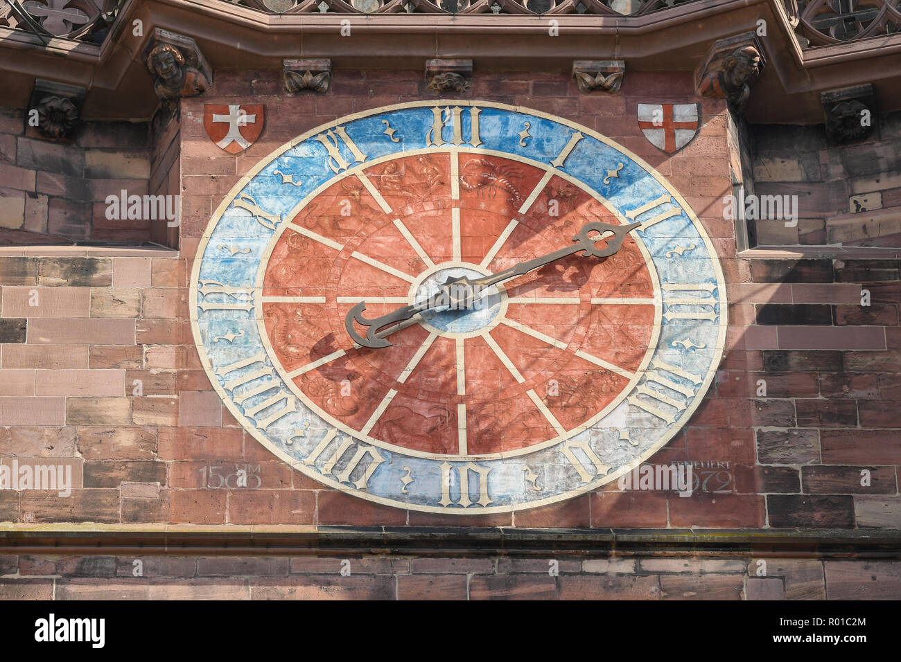 Freiburg Cathedral clock, Freiburg im Breisgau, Baden-Wurttemberg, Germany, Europe Stock Photo