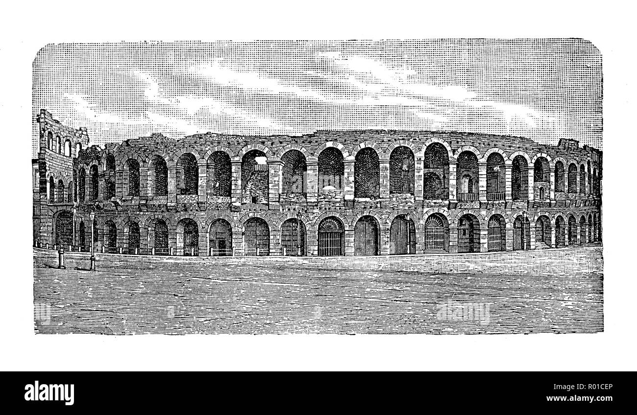 Vintage engraving of the well preserved Verona Arena, Roman amphitheatre built of limestone with outstanding acustic in the first century for 30.000 spectators Stock Photo