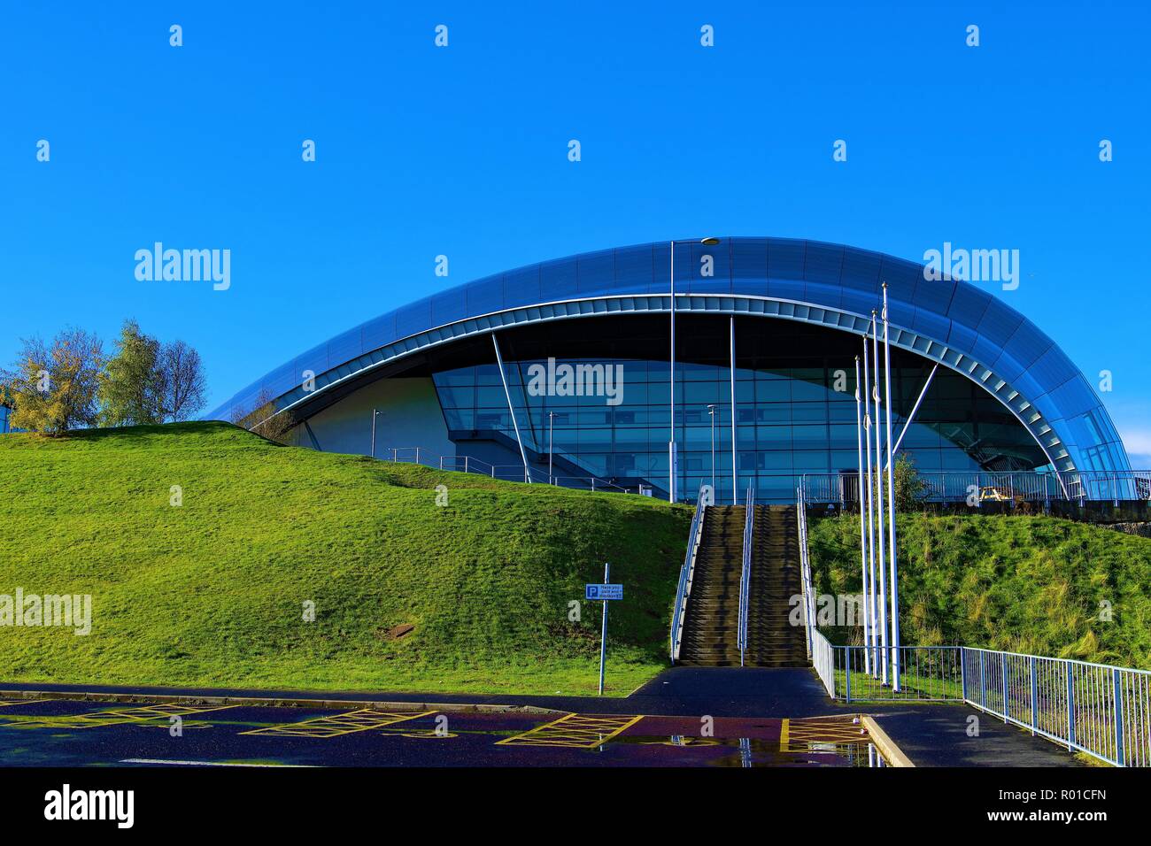View of the space age design of the Sage, against a perfect blue sky day. Stock Photo