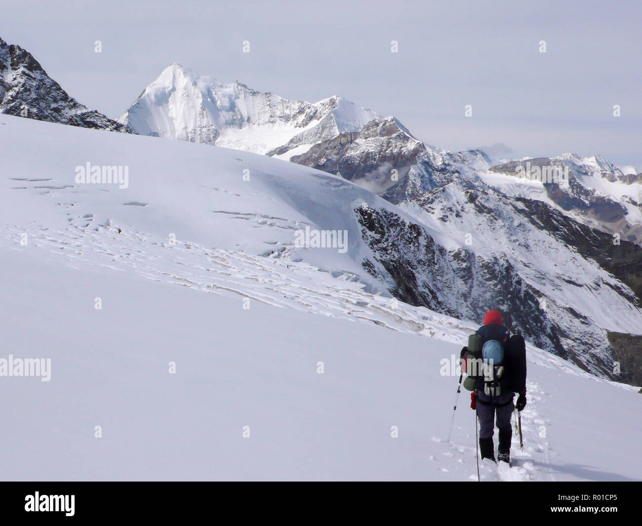 mountain climber carrying a lot of climbing equipment in the Mischabel mountain range in the