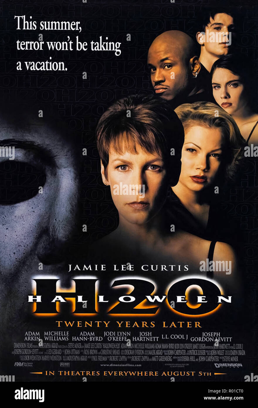 Halloween H20: 20 Years Later (1998) directed by Steve Miner and starring Jamie Lee Curtis, Josh Hartnett, Adam Arkin, Janet Leigh and LL Cool J. Michael Myers travels to California to continue his stalking of Laurie Strode. Stock Photo