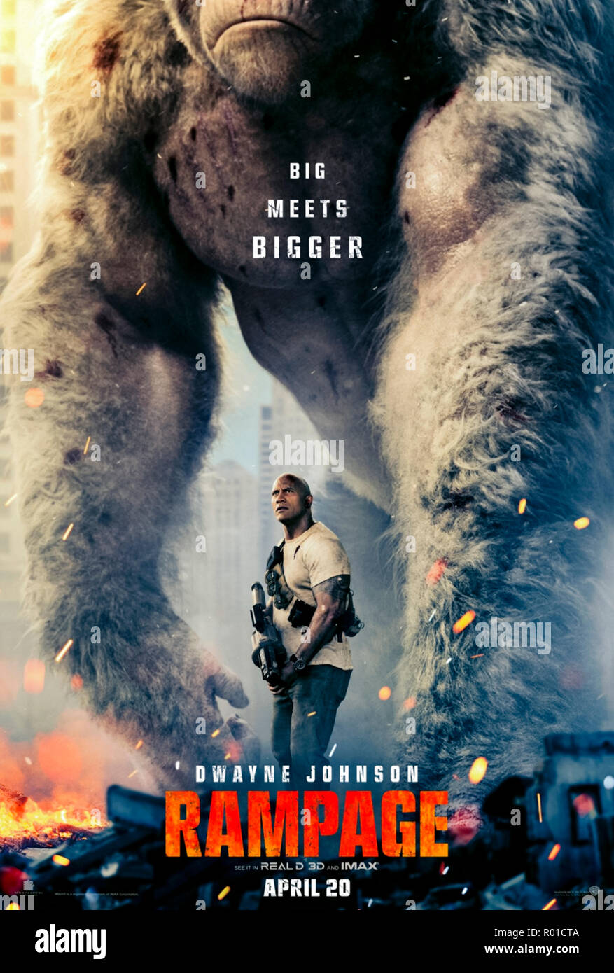 Rampage (2018) directed by Brad Peyton and starring Dwayne Johnson, Naomie Harris, Malin Akerman and Jeffrey Dean Morgan. Midway’s Rampage arcade game comes to the big screen with three genetically modified animals rampaging in Chicago. Stock Photo