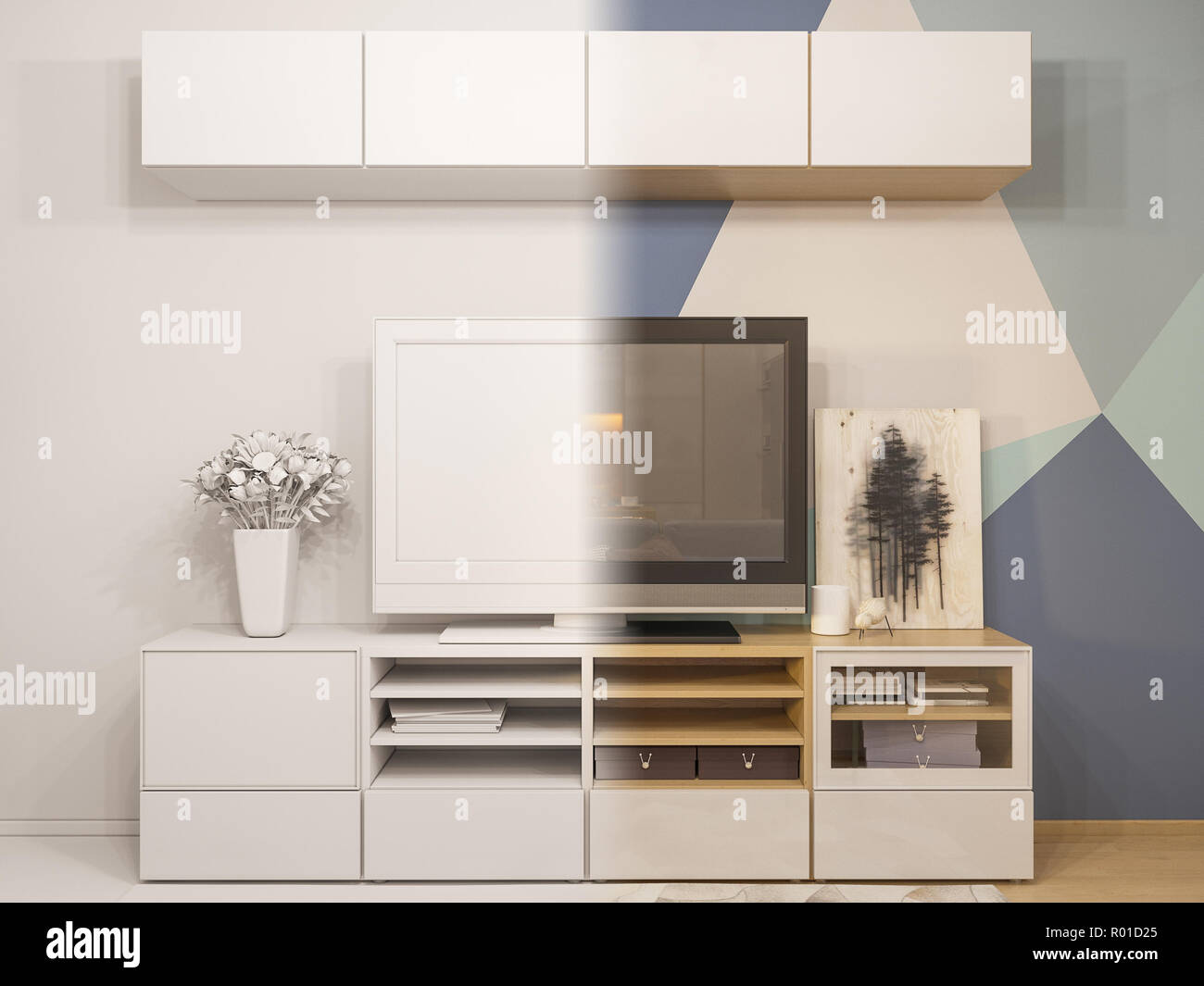 3d illustration living room interior design. Modern studio apartment Stock Photo