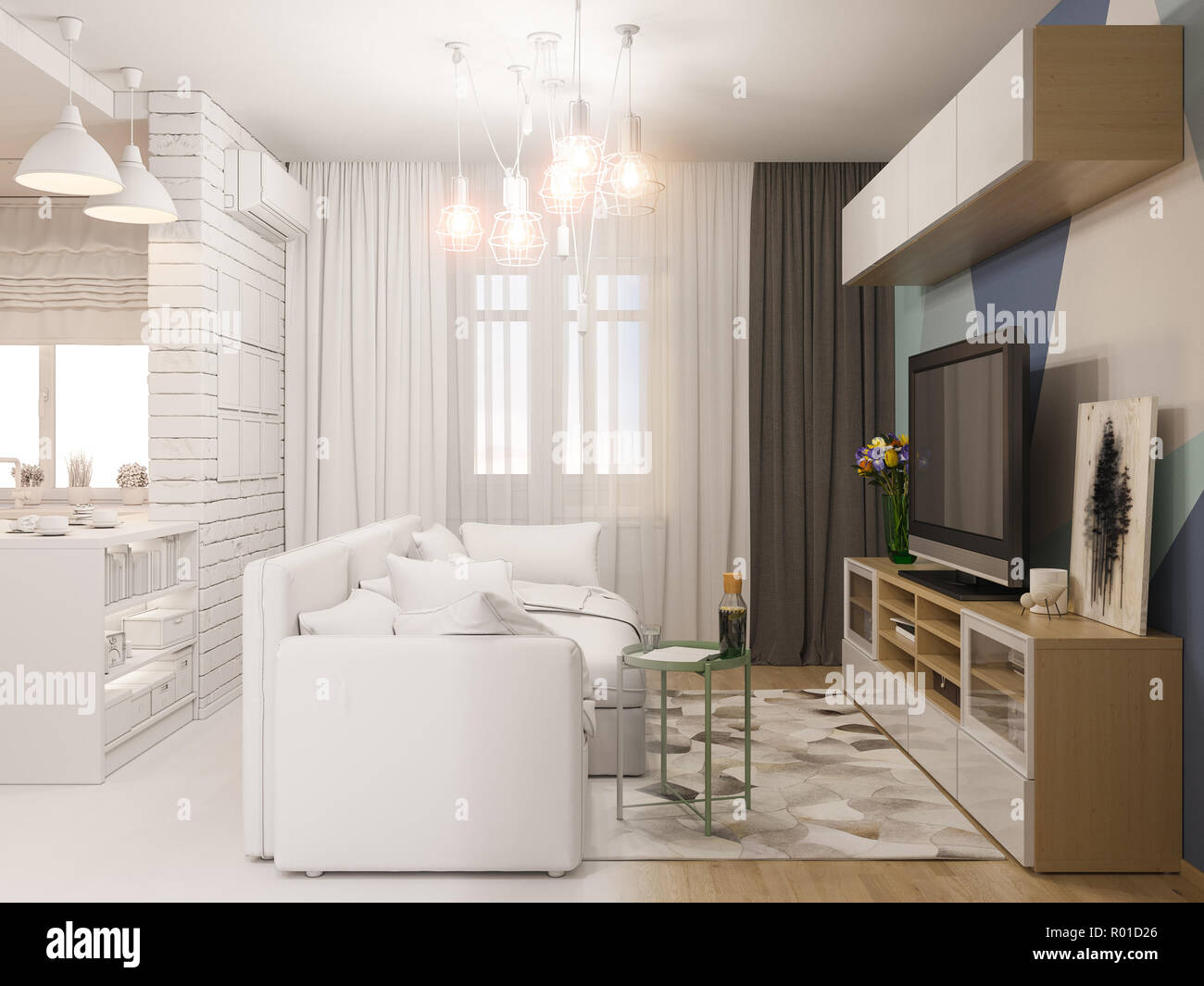 3d illustration living room and kitchen interior design Stock Photo - Alamy