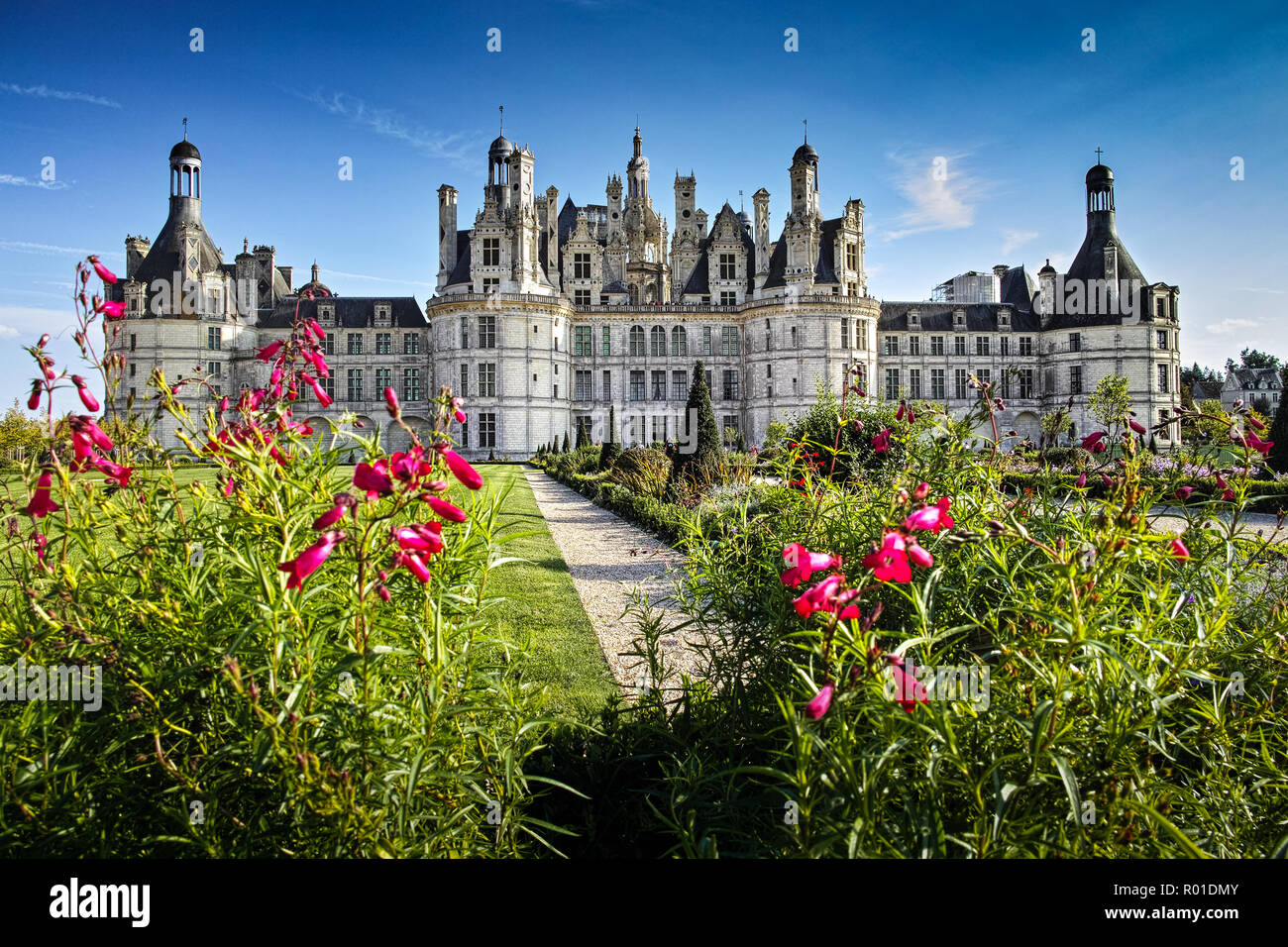 Chateau de Chambord, panoramic view of the Northwest facade of the largest royal Renaissance french castle in Loire Valley, France Stock Photo