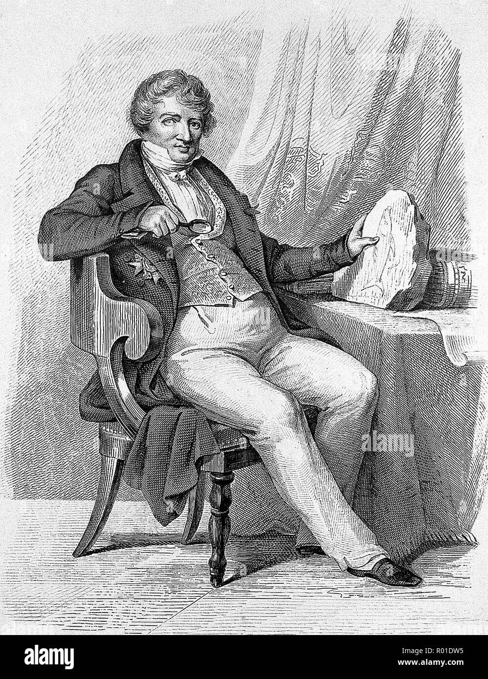 Baron Georges Cuvier (1769 - 1832) Jean Léopold Nicolas Frédéric, Baron Cuvier, known as Georges Cuvier, French naturalist and zoologist, sometimes referred to as the 'founding father of paleontology' Baron Georges Cuvier, holding a fish fossil Stock Photo