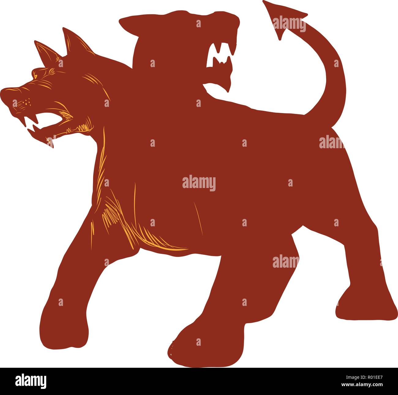 Scratchboard style illustration of a Cerberus or "hound of Hades", a