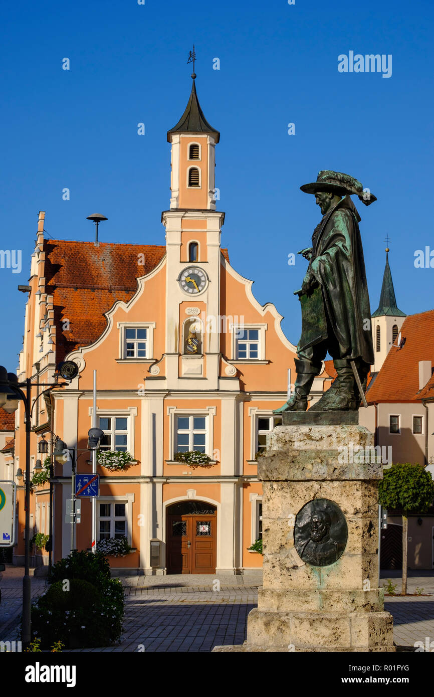 Tilly Monument, Town Hall, Rain, Donau-Ries County, Swabia, Bavaria, Germany Stock Photo