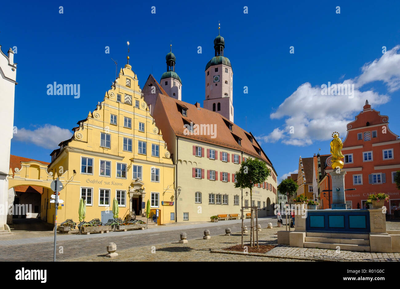 Market square and church towers of the parish church St. Emmeram, Wemding, Donau-Ries district, Swabia, Bavaria, Germany Stock Photo