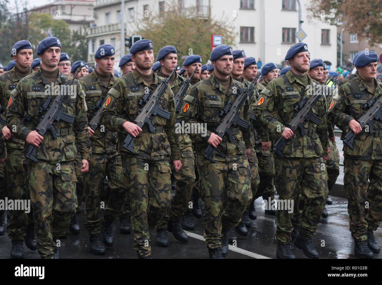 European street, Prague-October 28, 2018: Soldiers of Czech Army are marching on military parade for 100th anniversary of creation Czechoslovakia on O Stock Photo