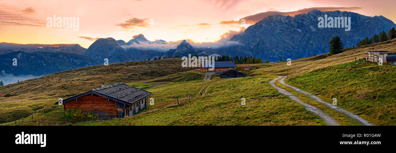 Mountain panorama Berchtesgarden Alps with Watzmann east face at sunset, Gotzenalm, Berchdesgarden National Park Stock Photo