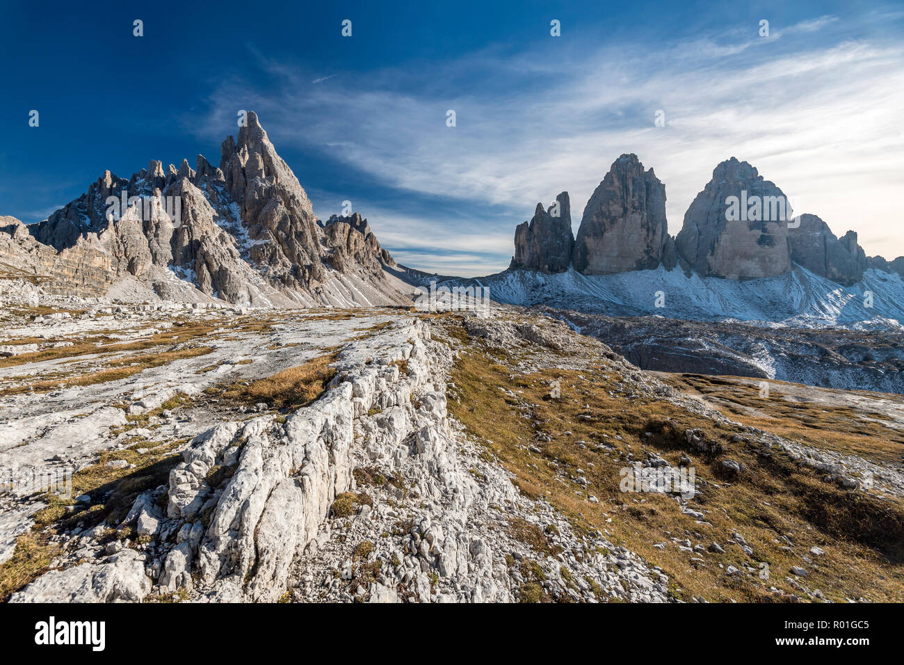 Paternkofel and the Three Peaks, Sexten Dolomites, South Tyrol, Trentino-South Tyrol, Italy Stock Photo