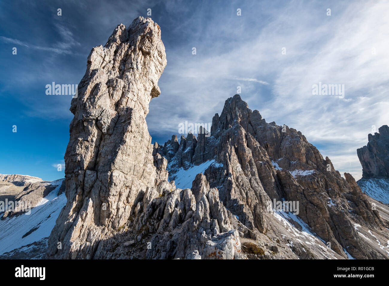 Rock needle and summit of the Paternkofel, Sexten Dolomites, South Tyrol, Trentino-South Tyrol, Italy Stock Photo