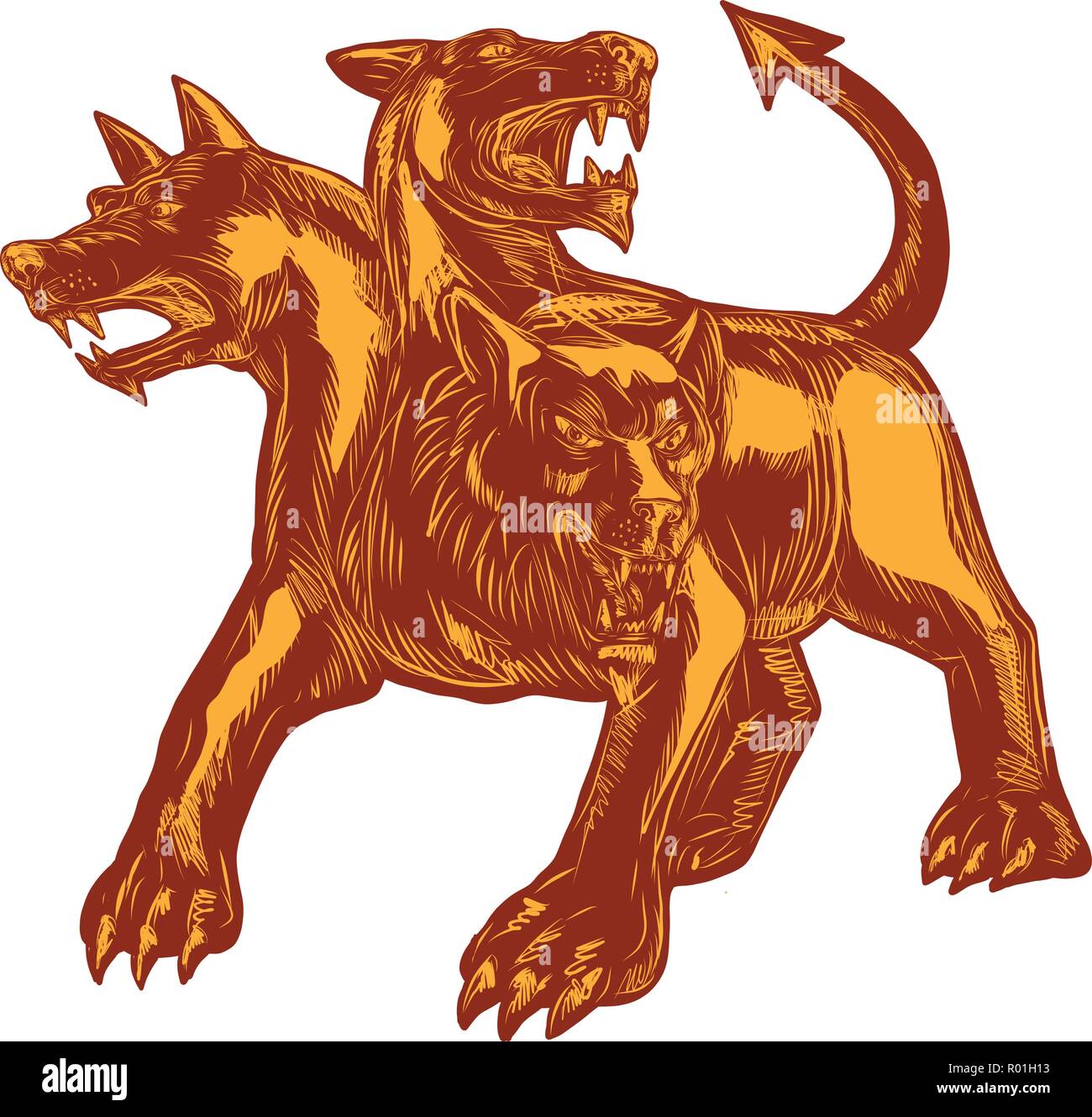 Scratchboard style illustration of a Cerberus or "hound of Hades", a  multi-headed dog that guards the gates of the Underworld in Greek mythology  done Stock Vector Image & Art - Alamy