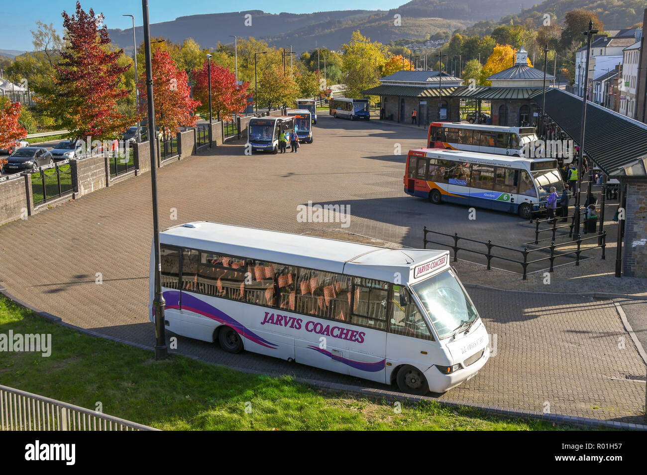 ABERDARE, WALES - OCTOBER 2018: Aerial view of the bus station in Aberdare town centre. Stock Photo