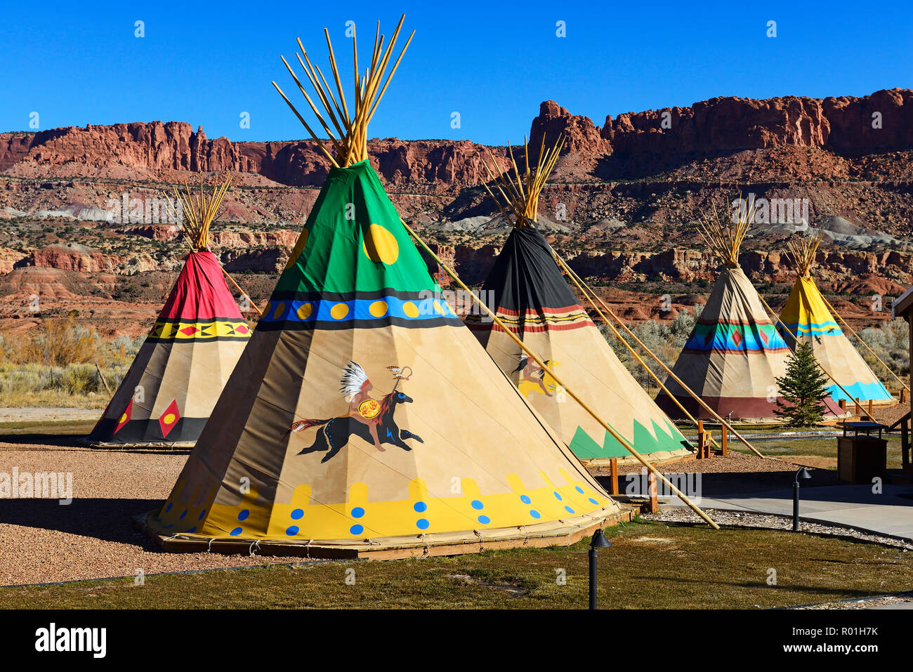 Indian tipis to spend the night at Capitol Reef Resort, Torrey, Utah, USA Stock Photo