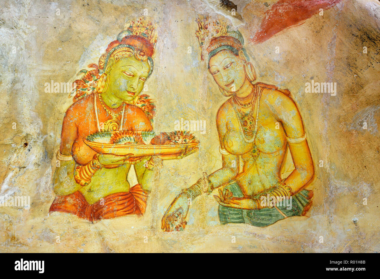 Fresco of the Cloud Girls on the Lion Rock of Sigiriya, UNESCO World Heritage Site, Sri Lanka Stock Photo