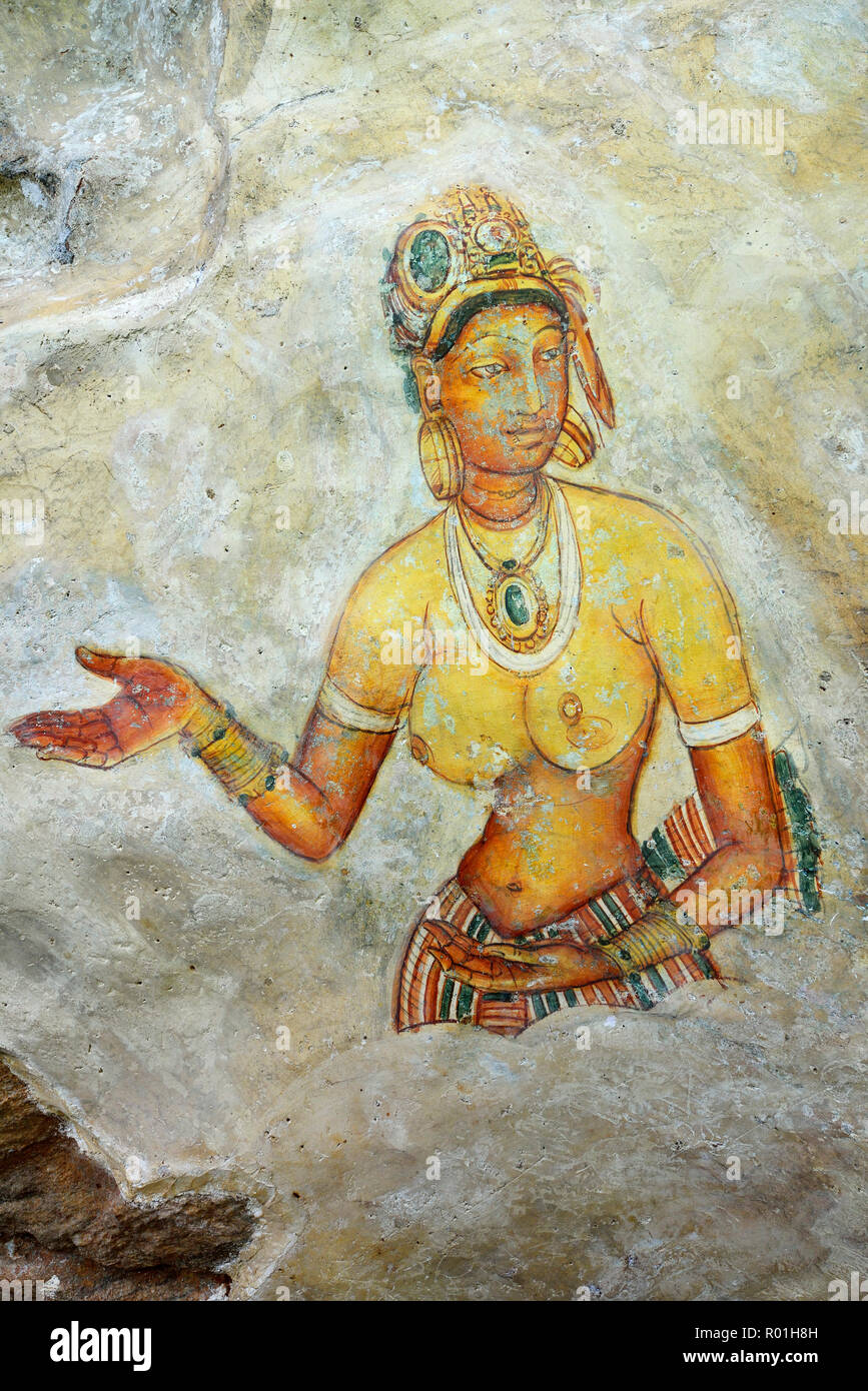 Fresco of the Cloud Girls on the Lion Rock of Sigiriya, UNESCO World Heritage Site, Sri Lanka Stock Photo