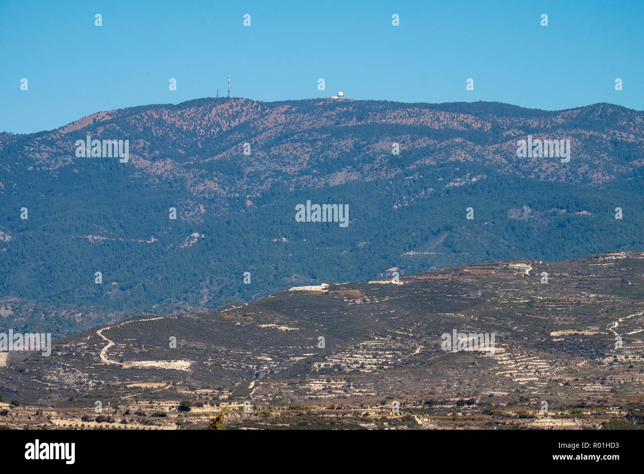 View of the Mount Olympus also know as Choinistra, the highest point in the Troodos mountain range, Cyprus. Stock Photo