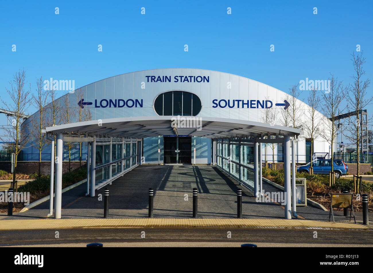 London Southend Airport train station indicating direction arrow London and Southend. Railway station covered walkway. Greater Anglia rail service Stock Photo