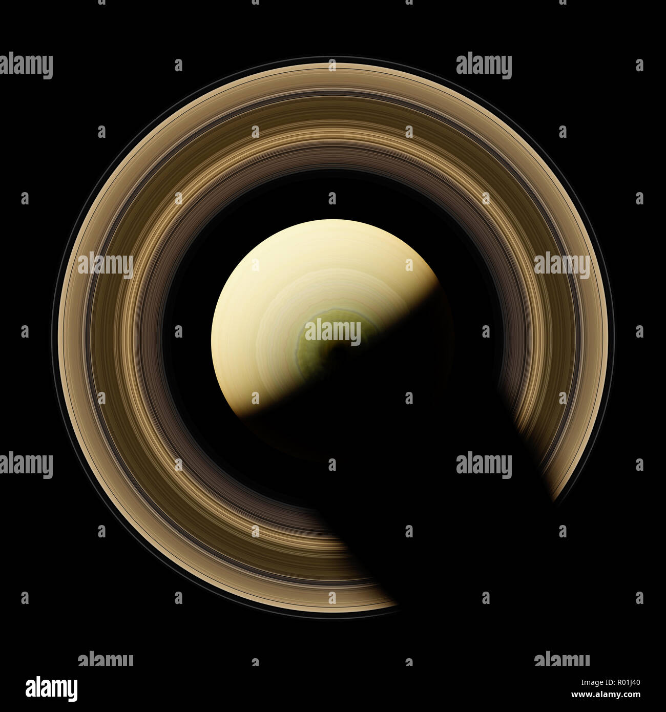 planet Saturn isolated on black background, top view Stock Photo