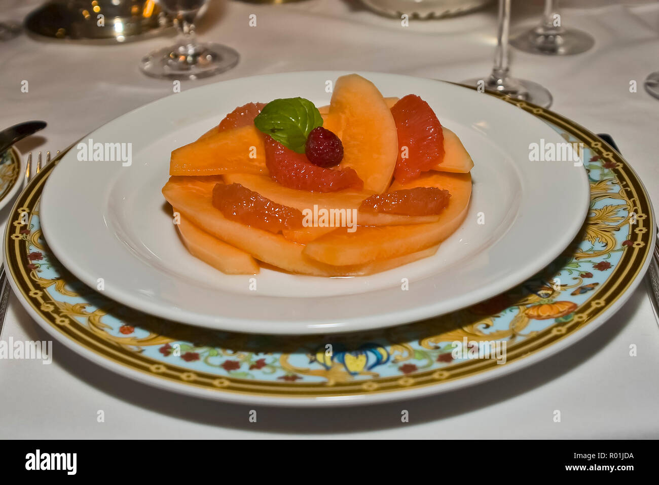 Fruit salad served on board Oceania cruise ship in the main dining room