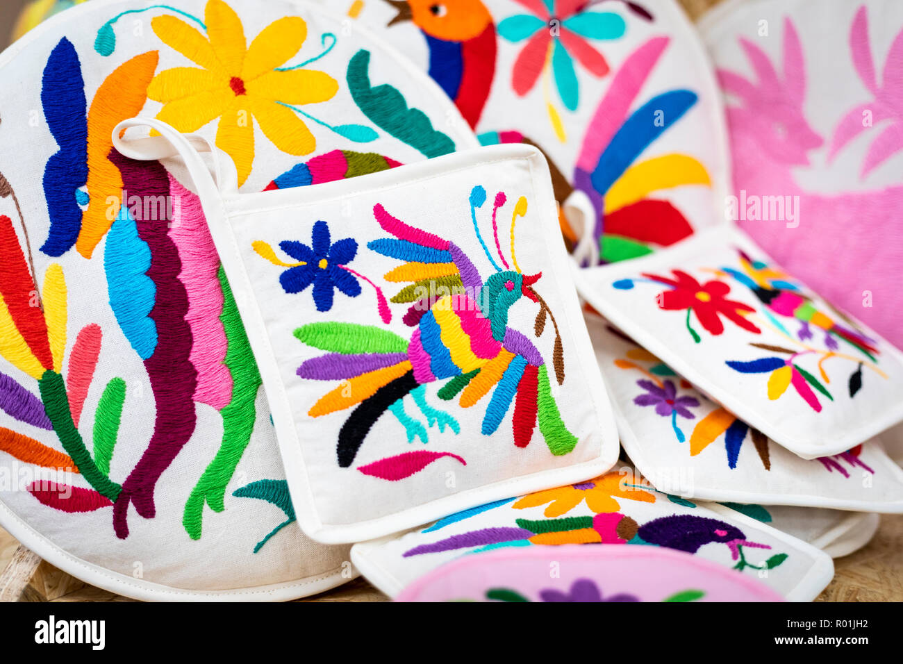 Hand stitched hot pads and tortilla holders from Hidalgo, Mexico. Stock Photo