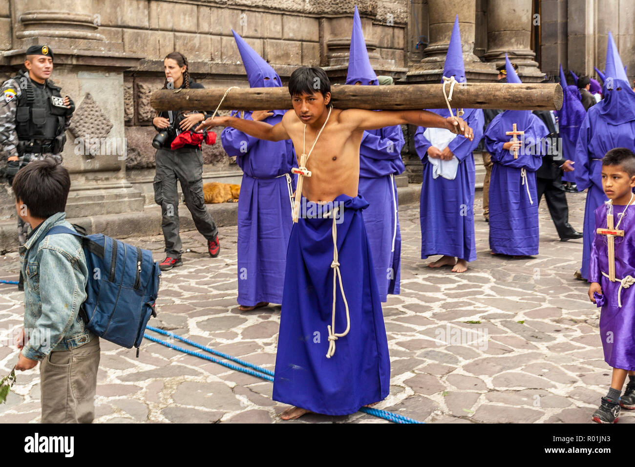 Quito, Ecuador - April 22, 2011: Close up of unidentified man in a religious procession Stock Photo