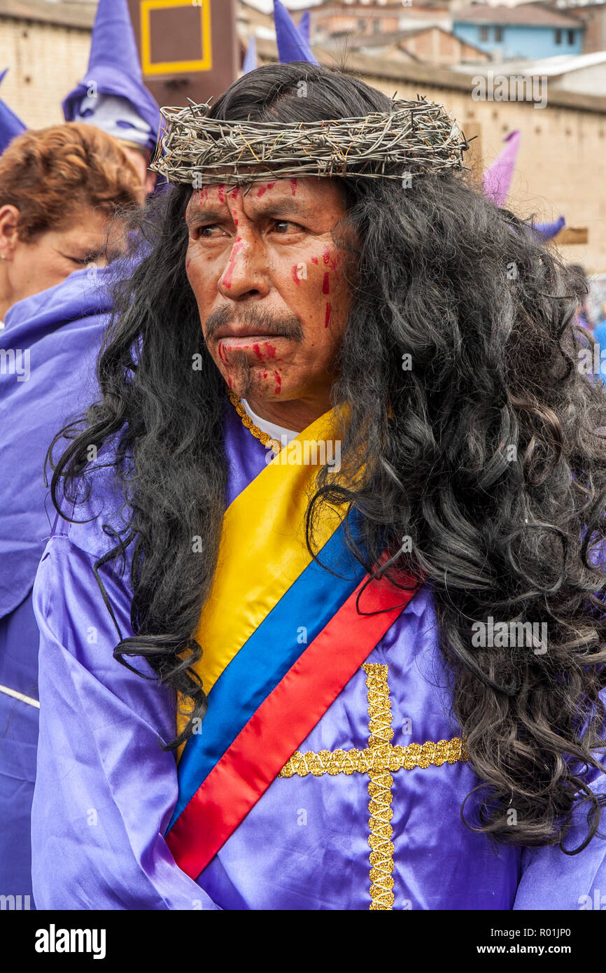Quito, Ecuador - April 22, 2011: Close up of unidentified man getting ready for religious procession Stock Photo