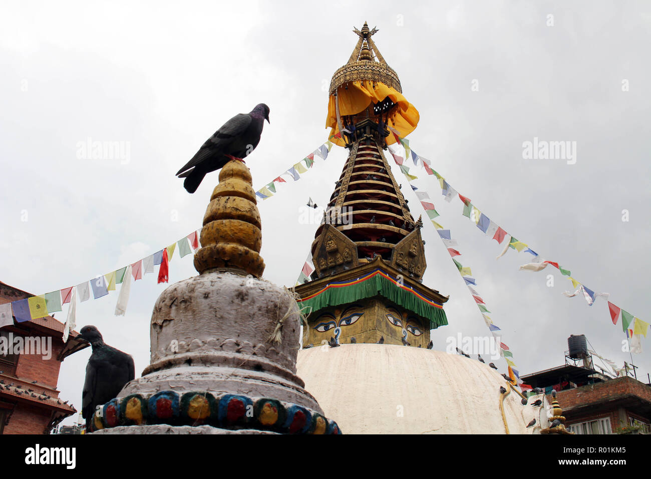 The birds around the stupa (and its eyes) in the middle of Kathmandu local market. Taken in Nepal, August 2018. Stock Photo