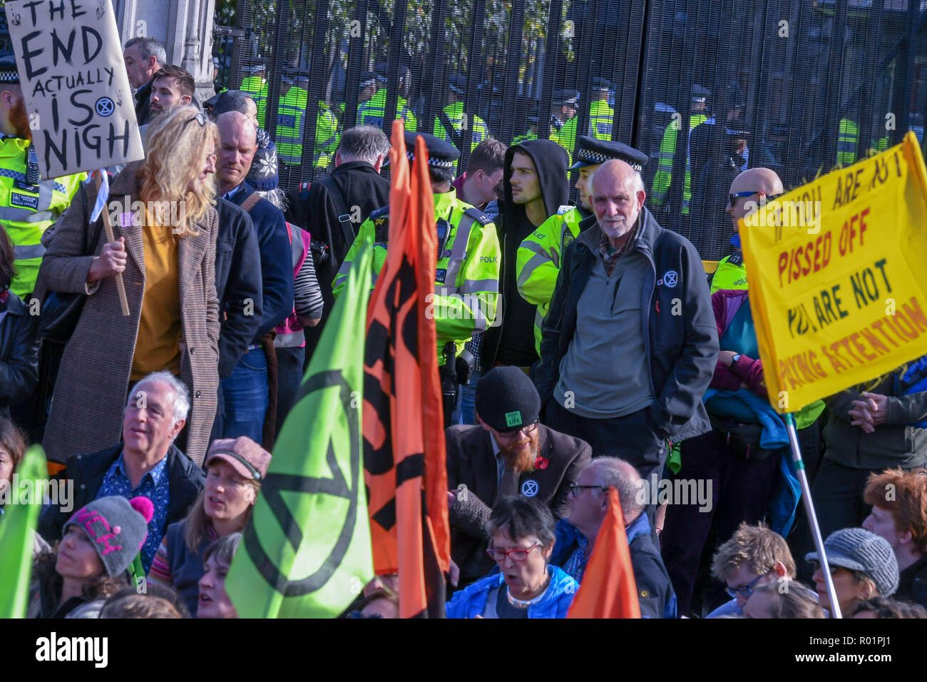 London, UK 31st October 2018  Environmental protesters block the road outside the House of Commons with a call to direct action over environmental issues.such as fracking at a heavily policed demonstration. Credit Ian Davidson/Alamy Live News Stock Photo