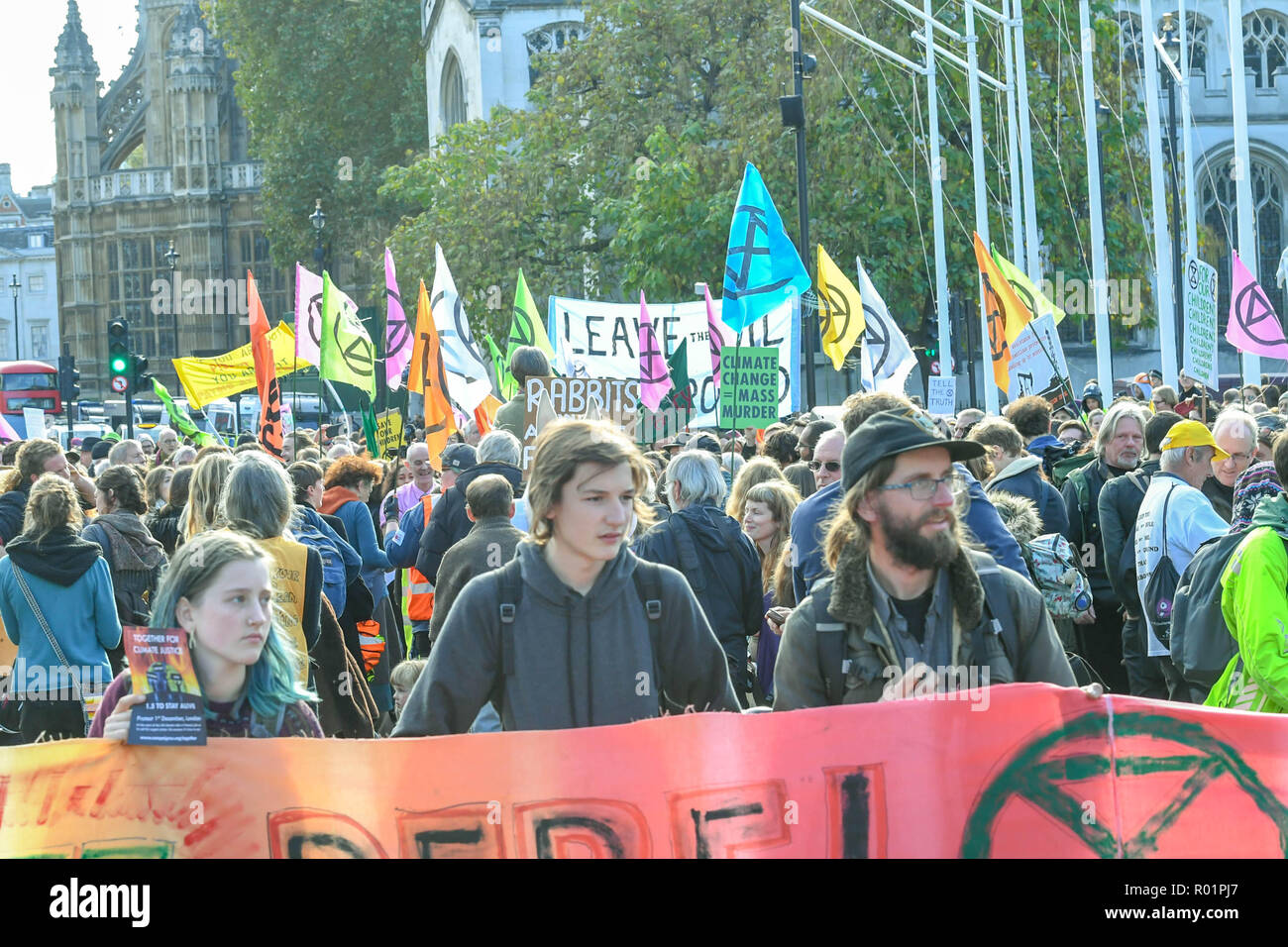 London, UK 31st October 2018  Environmental protesters block the road outside the House of Commons with a call to direct action over environmental issues.such as fracking. Credit Ian Davidson/Alamy Live News Stock Photo