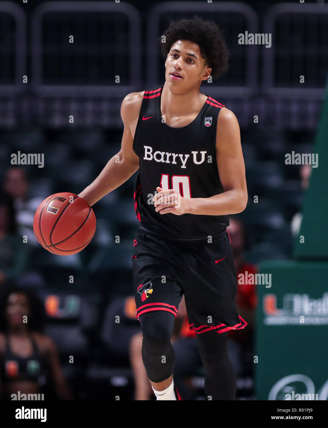 Coral Gables, Florida, USA. 30th Oct, 2018. Barry Buccaneers guard Lars  Espe (10) dribbles during the NCAA men's basketball exhibition game between  the Barry Buccaneers and the Miami Hurricanes at the Watsco