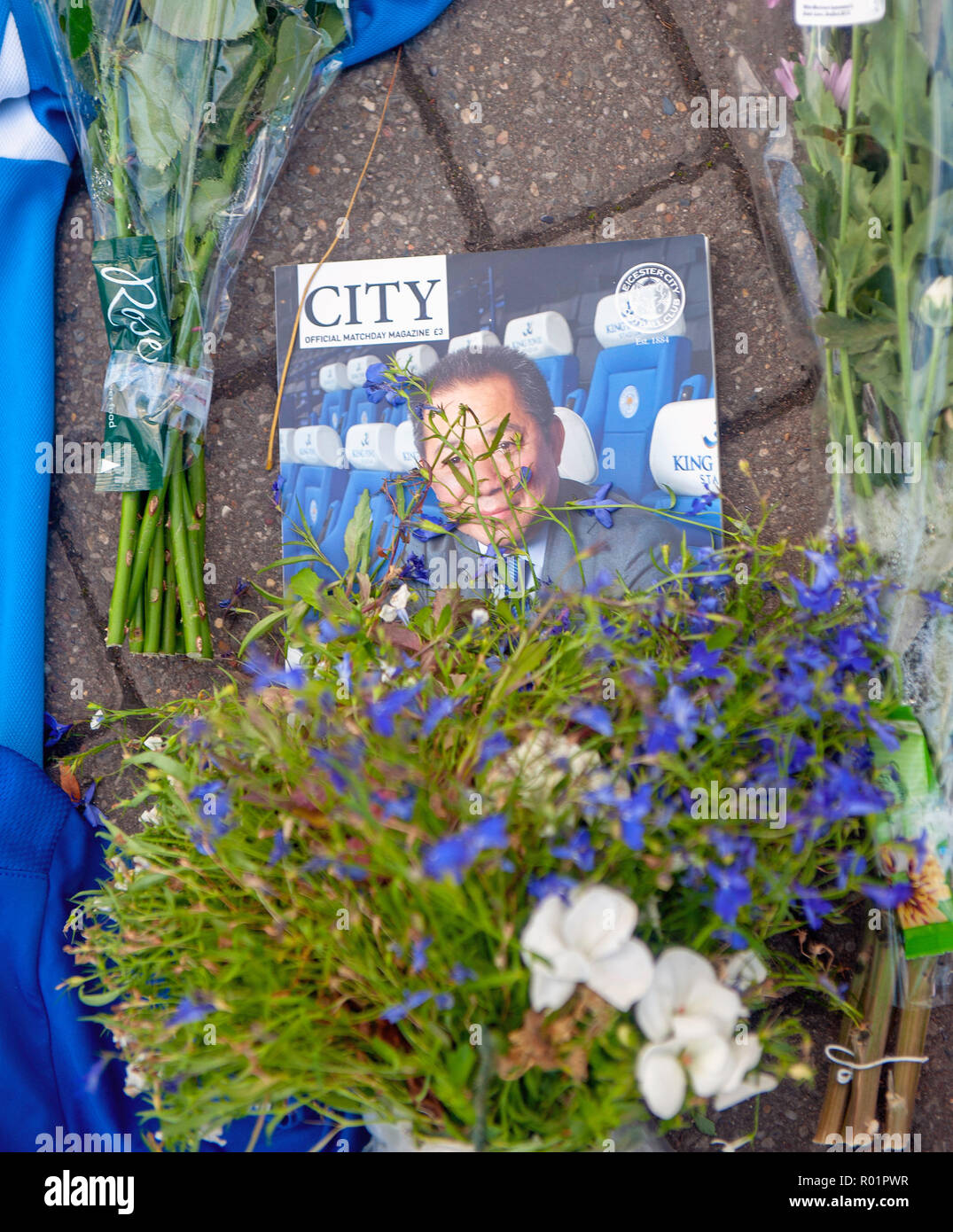 Leicester, UK. 31 October 2018. Tributes laid by Leicester City Football Club fans at the King Power stadium after the death of owner Vichai Srivaddhanaprabha. Stock Photo