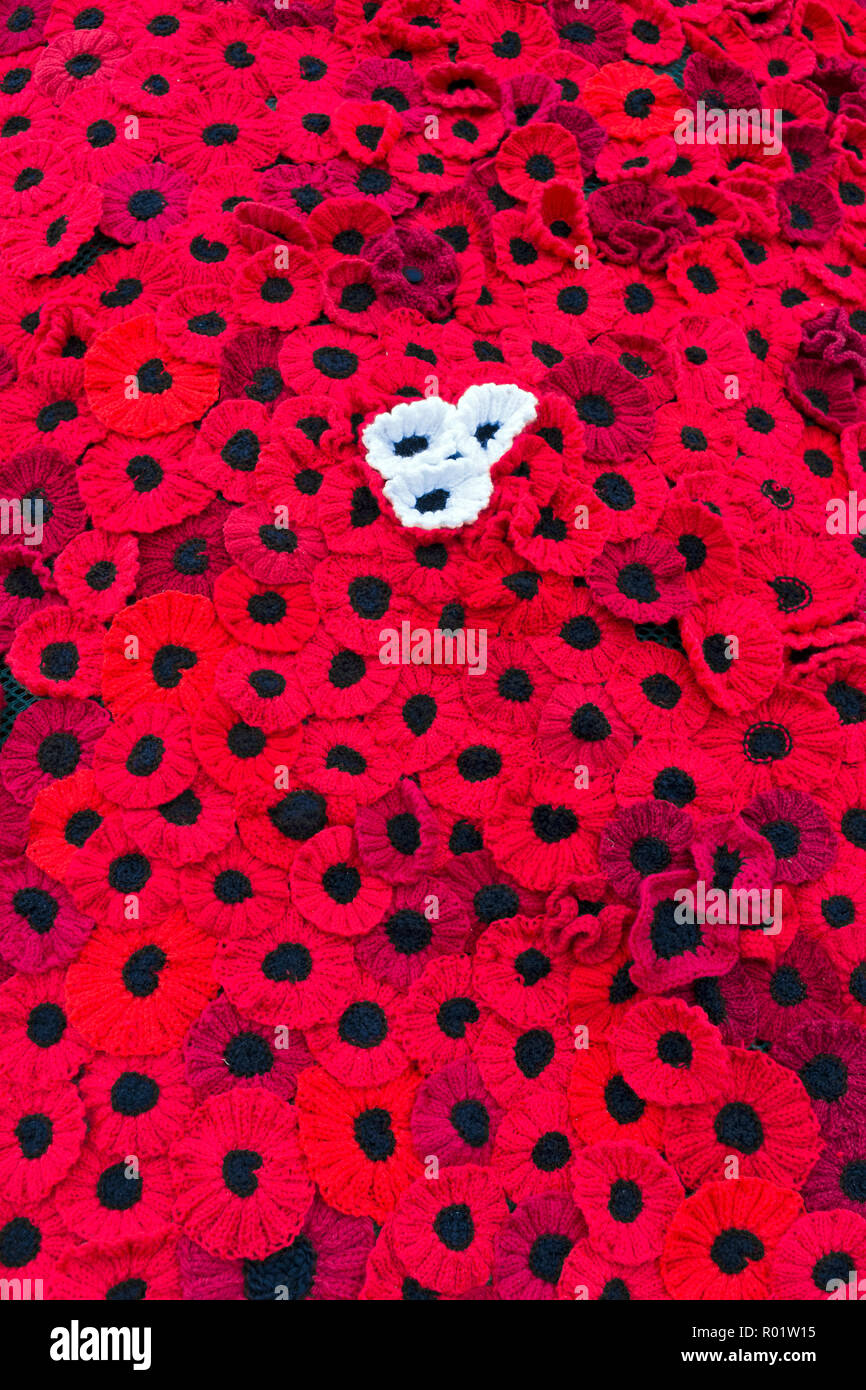 Weston-super-Mare, UK. 31st October, 2018. A cascade of knitted poppies outside Milton Methodist Church marks the centenary of the end of World War I. There are approximately 2,500 poppies which were knitted by members of the congregation and their families and friends. Keith Ramsey/Alamy Live News Stock Photo