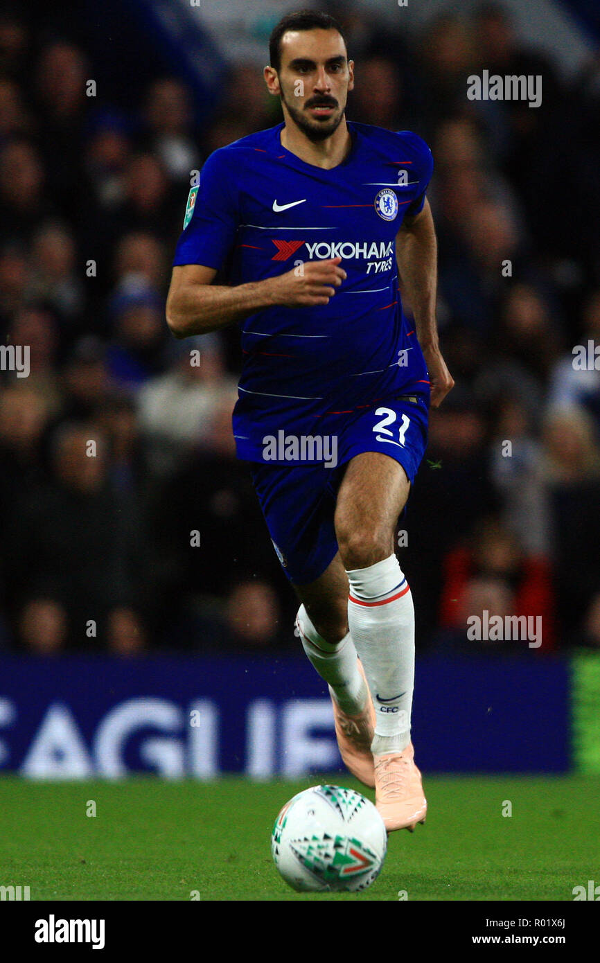 Davide Zappacosta of Chelsea in action. EFL Carabao Cup, round 4 match, Chelsea v Derby County at Stamford Bridge in London on Wednesday 31st October 2018.  this image may only be used for Editorial purposes. Editorial use only, license required for commercial use. No use in betting, games or a single club/league/player publications. pic by Steffan Bowen/ Andrew Orchard sports photography/Alamy Live news Stock Photo