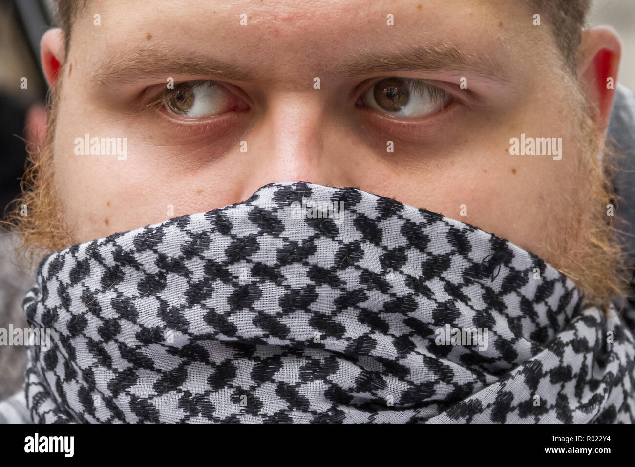 London, UK. 30th May, 2014. File Image from 30-05-2014: Lewis Ludlow, 26, from Rochester in Kent, a Muslim convert who also used the name Ali Hussain, is due to be sentenced for plotting an Islamic State-inspired attack on Oxford Street in which he hoped to kill 100 people. Ludlow is seen here in 2014 outside the London Central Mosque during a protest organised by radical cleric Anjem Choudary and his banned Al-Muhajiroun (ALM) group. Credit: Guy Corbishley/Alamy Live News Stock Photo