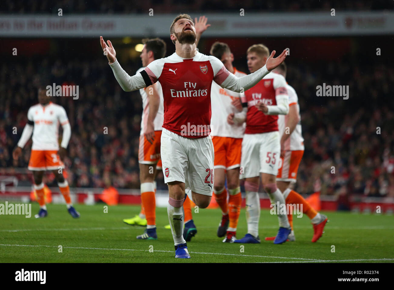 London, UK. 31st Oct, 2018. Shkodran Mustafi of Arsenal reacts after a missed chance - Arsenal v Blackpool, Carabao Cup - Fourth Round, Emirates Stadium, London (Holloway) - 31st October 2018  STRICTLY EDITORIAL USE ONLY - DataCo rules apply - The use of this image in a commercial context is strictly prohibited unless express permission has been given by the club(s) concerned. Examples of commercial usage include, but are not limited to, use in betting and gaming, marketing and advertising products. No use with unauthorised audio, video, data, fixture lists, club and or league logos or service Stock Photo