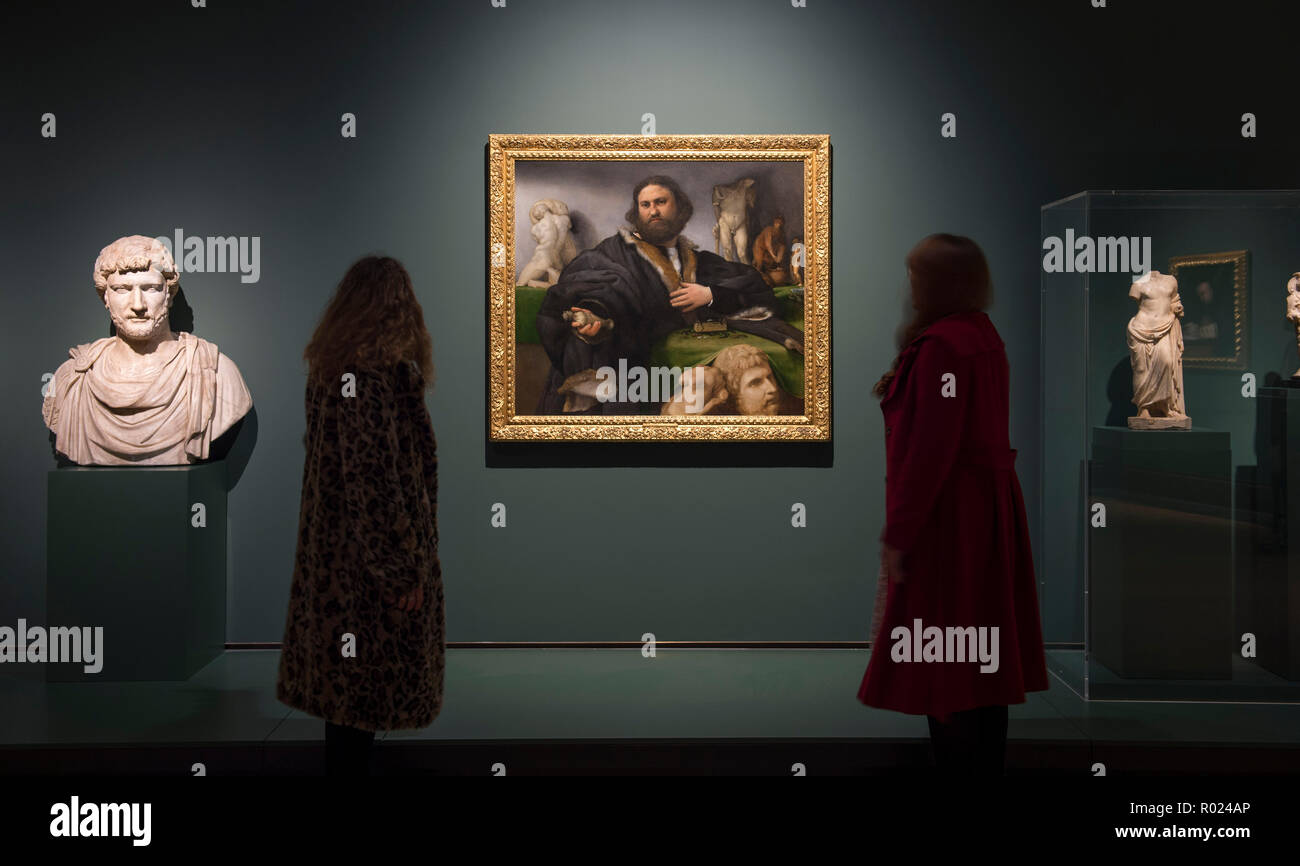 National Gallery, London, UK. 1 November, 2018. Born in Venice and of the Venetian School, the Renaissance portrait painter Lorenzo Lotto travelled extensively and worked in different parts of Italy, most notably Treviso, Bergamo, Venice, and the Italian Marches. The exhibition runs from 5 Nov 2018 - 10 Feb 2019. Image: Andrea Odoni, 1527. Lent by Her Majesty The Queen. Royal Collection Trust. Credit: Malcolm Park/Alamy Live News. Stock Photo