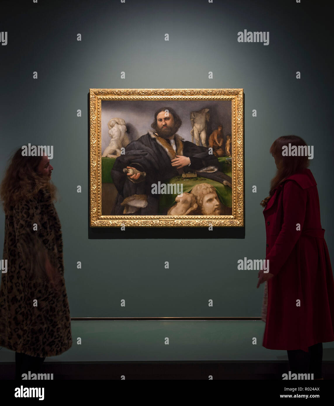 National Gallery, London, UK. 1 November, 2018. Born in Venice and of the Venetian School, the Renaissance portrait painter Lorenzo Lotto travelled extensively and worked in different parts of Italy, most notably Treviso, Bergamo, Venice, and the Italian Marches. The exhibition runs from 5 Nov 2018 - 10 Feb 2019. Image: Andrea Odoni, 1527. Lent by Her Majesty The Queen. Royal Collection Trust. Credit: Malcolm Park/Alamy Live News. Stock Photo