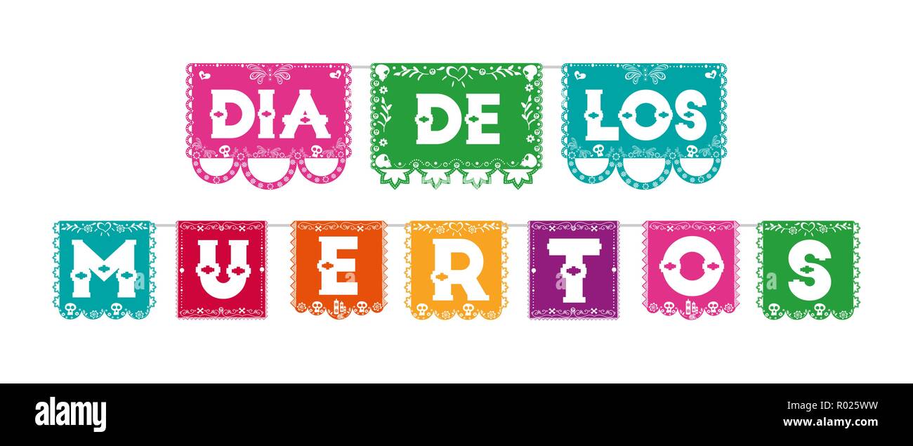 Day of the dead web banner illustration in spanish language for traditional mexican culture celebration with colorful paper flag typography. Stock Vector