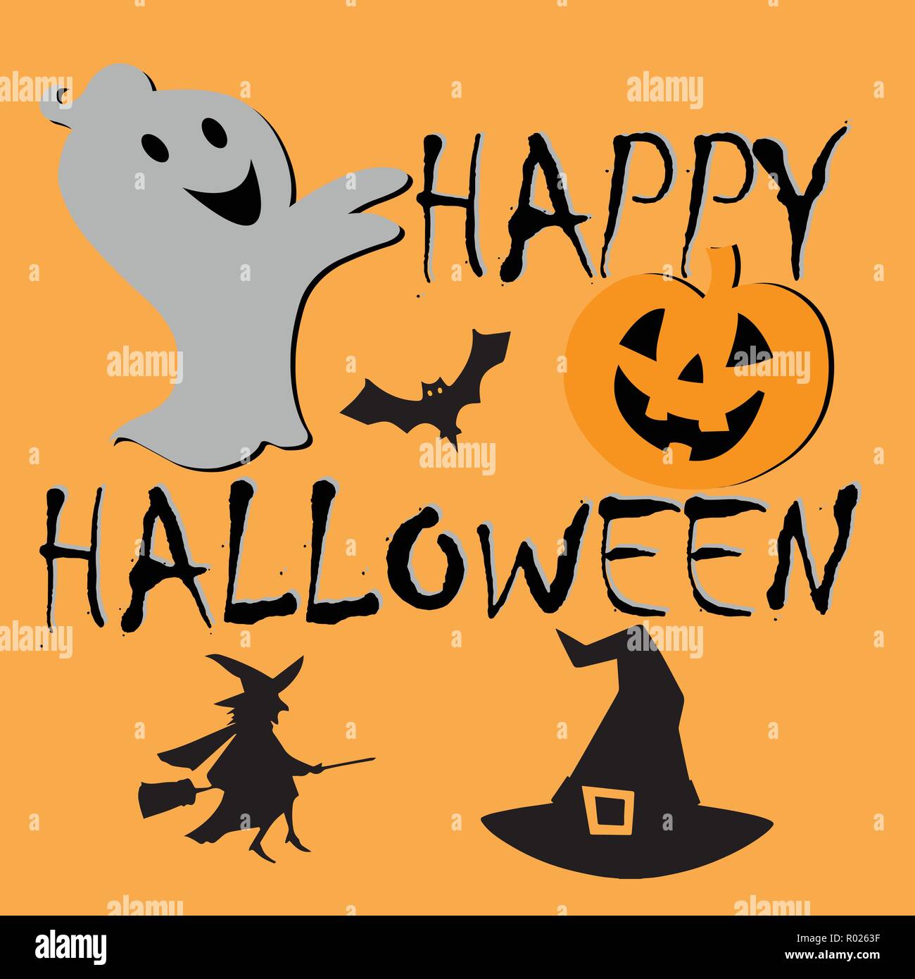Happy halloween vector with ghost, pumpkin, flying witch and hat Stock Vector