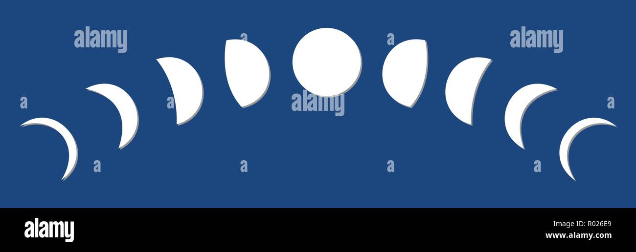 Different white moon phases on blue background Stock Vector