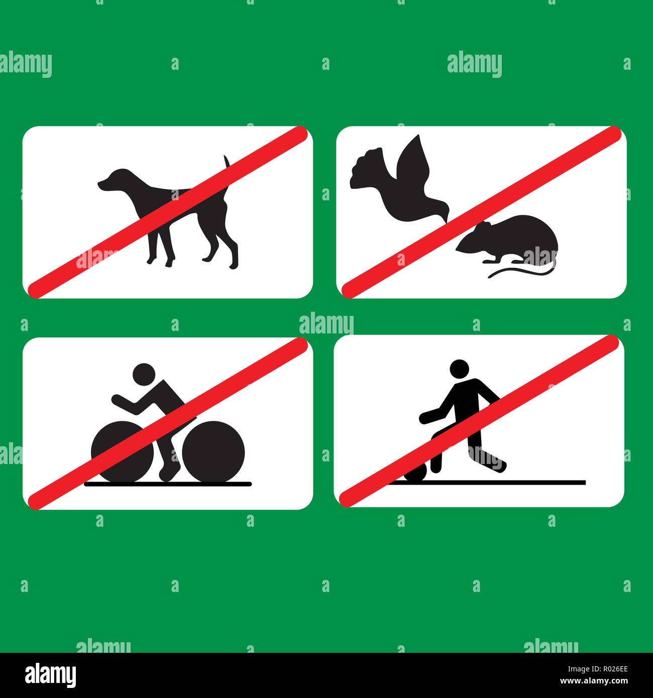 Several prohibitions signs in the park: no cycling, no dogs, no football, dont feed pigeons Stock Vector