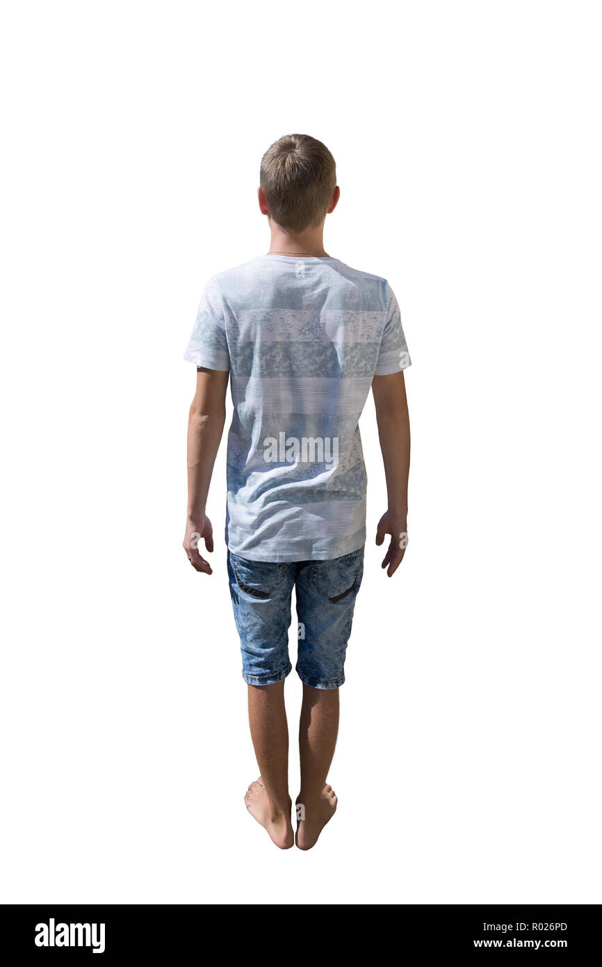 Rear view full length portrait of casual young man isolated over white background. Stock Photo