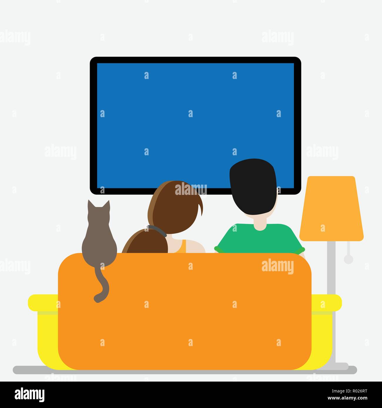 Couple and cat at home in front of tv Stock Vector