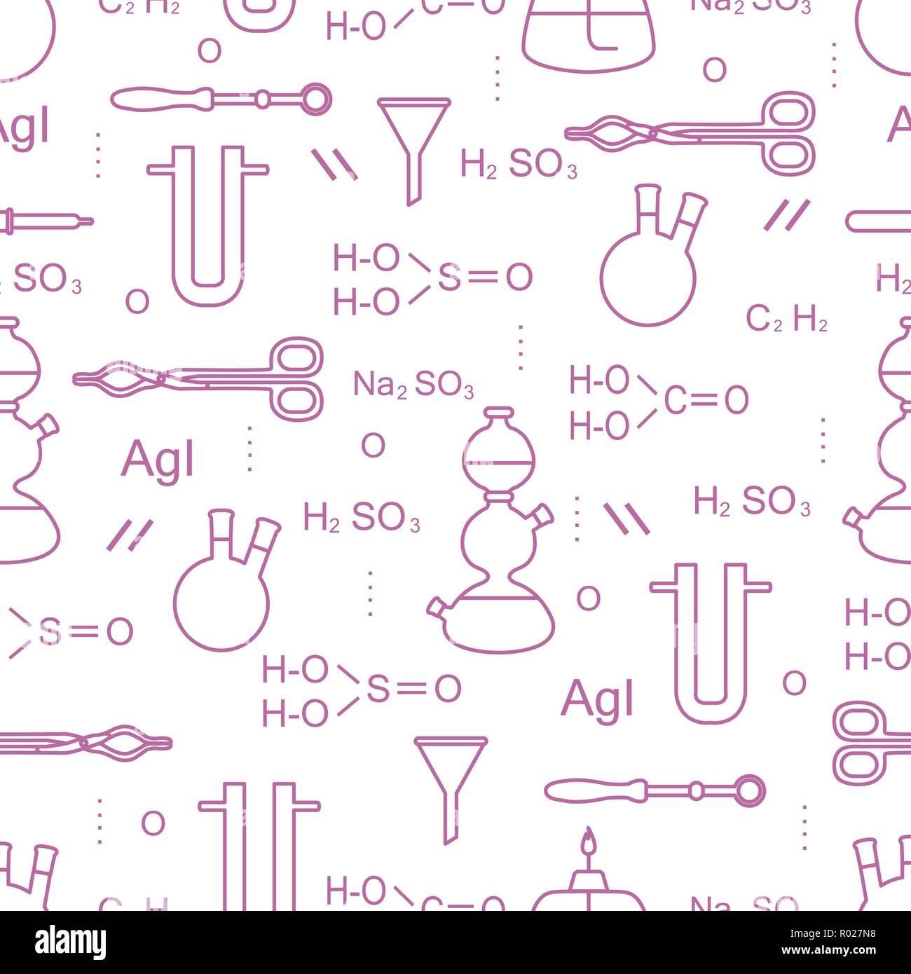 Scientific vector seamless pattern with flasks, burners, funnels, tools ...
